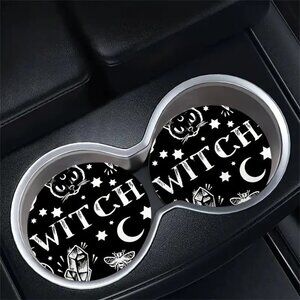 Witch-Themed Car Coasters - Set Of 2 - Moon & Stars Design - Round